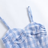 2021 Spaghetti Strap Blue Plaid 50s Women Vintage Pinup Summer Swing Dresses Female Fit and Flare Slim Cami Tunic Midi Dress