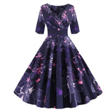 High Waist Floral Slim Sexy V Neck Wrap Vintage Autumn Half Sleeve Elegant Party Swing Pin Up Dress