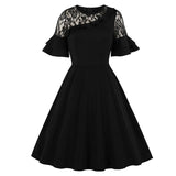 Contrast Lace Layered Flounce Sleeve Elegant Black Party Night Ladies Ruffle A Line Retro Dress