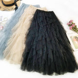 Vintage Boho Tulle Summer Long Maxi Pleated Skirt Elastic High Waist Ruffle A-line Skirt