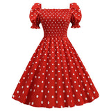 2021 Polka Dot Party Dress Elegant Women Summer Puff Short Sleeve Square Collar Elastic Waist Vintage Midi Sundress Casual Beach