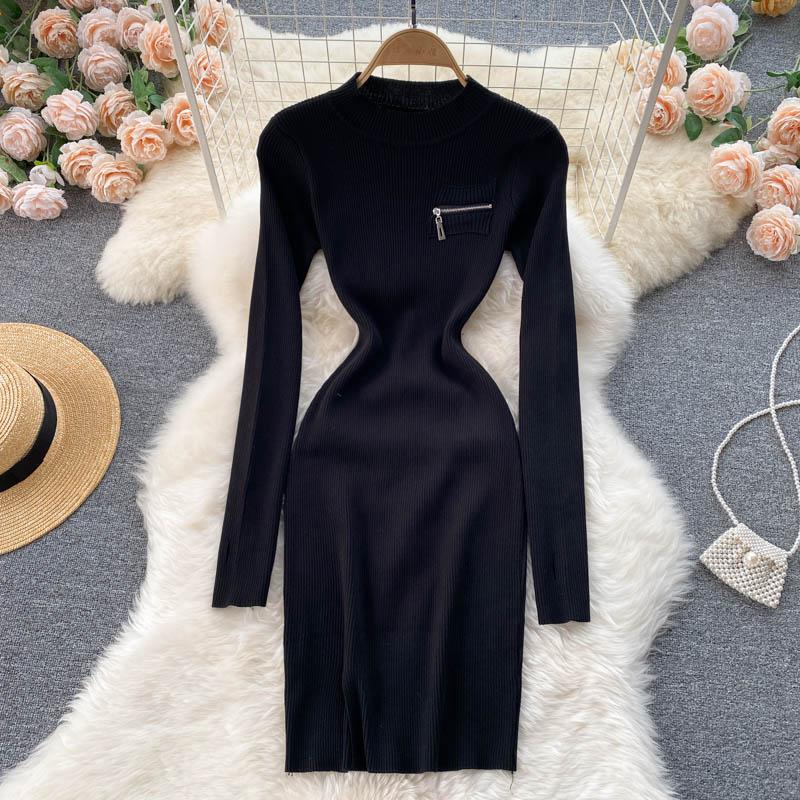 Autumn Winter Elegant Sexy Ribbed Knitted Bodycon Dress Warm High Neck – FashionLoveHunter