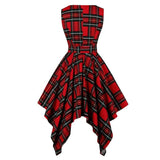 Vintage Tartan Red Plaid Elegant Party Asymmetrical Long Women Sleeveless Summer Belted High Waist Midi Dress