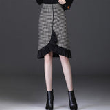 Women Retro Plaid Autumn Korean Office High Waist Vintage Knitted Trumpet Black Skirts