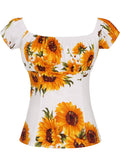 2021 Summer Women Vintage 50s Pinup Blouse White Sunflower Print Elastic-Neck Shirt Plus Size Retro Vintage 40s 50s 60s Clothing