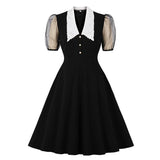 Embroidered Collar Button Front Black Vintage Spring Autumn Women Mesh Sleeve Elegant Party Swing Dress