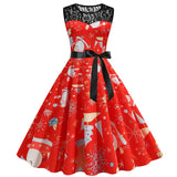 Sleeveless Sexy Party Christmas Women's Dress Lace Patchwork Robe Femme Belt 70s 50s 60s A Line Swing Tunic Midi Dresses
