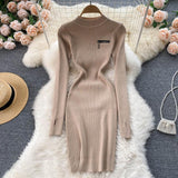 Autumn Winter Elegant Sexy Ribbed Knitted Bodycon Dress Warm High Neck Long Sleeve Zipper Mini Dress