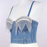 Denim Sexy Crop Top Stage Bra Acrylic Beaded Shine Top With Cups Push Up Bralette Female Corset Camis Clothes