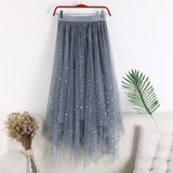 Women Mesh Gold Velvet Lining Irregular A-line Star Sequins Long Maxi Skirt