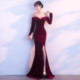 Vintage Velvet Long-sleeve Off-shoulder Gowns Sexy Backless High Split Diamond Formal Dress