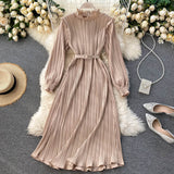Casual Stand Collar Frill Long Sleeve Pleated Dress With Belt Ladies Elegant Midi Dress