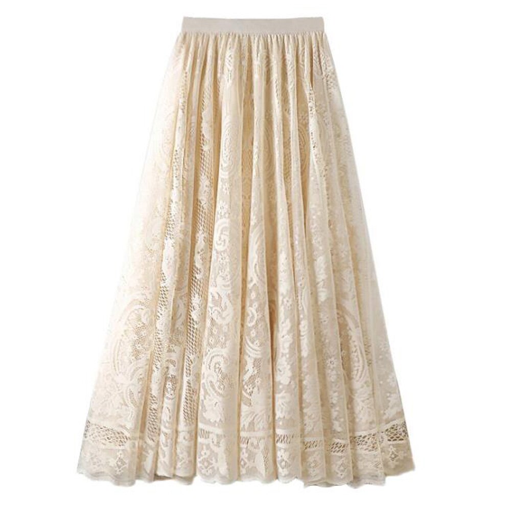 Long Boho Vintage Lace Pleated Korean Summer Solid White A-Line Maxi Skirt
