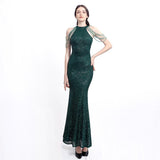 High Neck Sleeveless Crystal Tassel Mermaid Slim Evening Dress Pink Sequins New Formal Dress