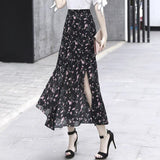 Women Chiffon Vintage High Waist Trumpet Flowers Print Black Long Skirt