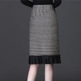 Women Retro Plaid Autumn Korean Office High Waist Vintage Knitted Trumpet Black Skirts