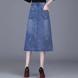 Long Denim Summer Korean High Waist Button Midi Skirt Women Elegant A Line Jeans Skirts