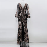 Front Slit Black Sequined Long Elegant Sequin Evening Party V Neck Maxi Dress
