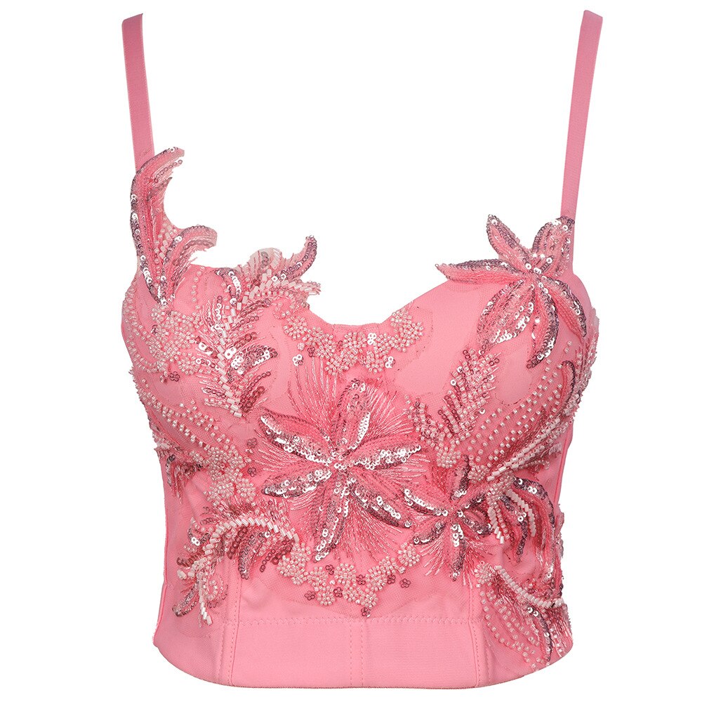 Slim Camis Cropped Tops With Built in Bra Women Beading Sequins Crop Top Female Sexy Spaghetti Strap Corset Push Up Bustier