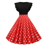 Two Tone Ruffle Armhole Polka Dot Elegant Vintage O-Neck A Line Retro Slim Swing Dress