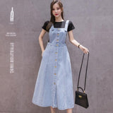 Denim Women Strap Long High Waisted Vintage Loose Pleated Blue Club Streetwear Cotton Harajuku Jean Skirt