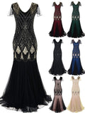 Formal dress retro 1920s sequin evening dress V-neck short sleeve mesh bead fishtail skirt women party special ocasion