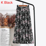 High Waist Floral Print Mid Calf Long Pleated Women Summer Vintage Elegant Chiffon Midi Skirt