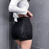 Black Women High Waist Lace-up Denim Shorts Gothic Hip Hop Femmen Back Ripped Summer 2020 Women Streetwear Solid Female Outfit