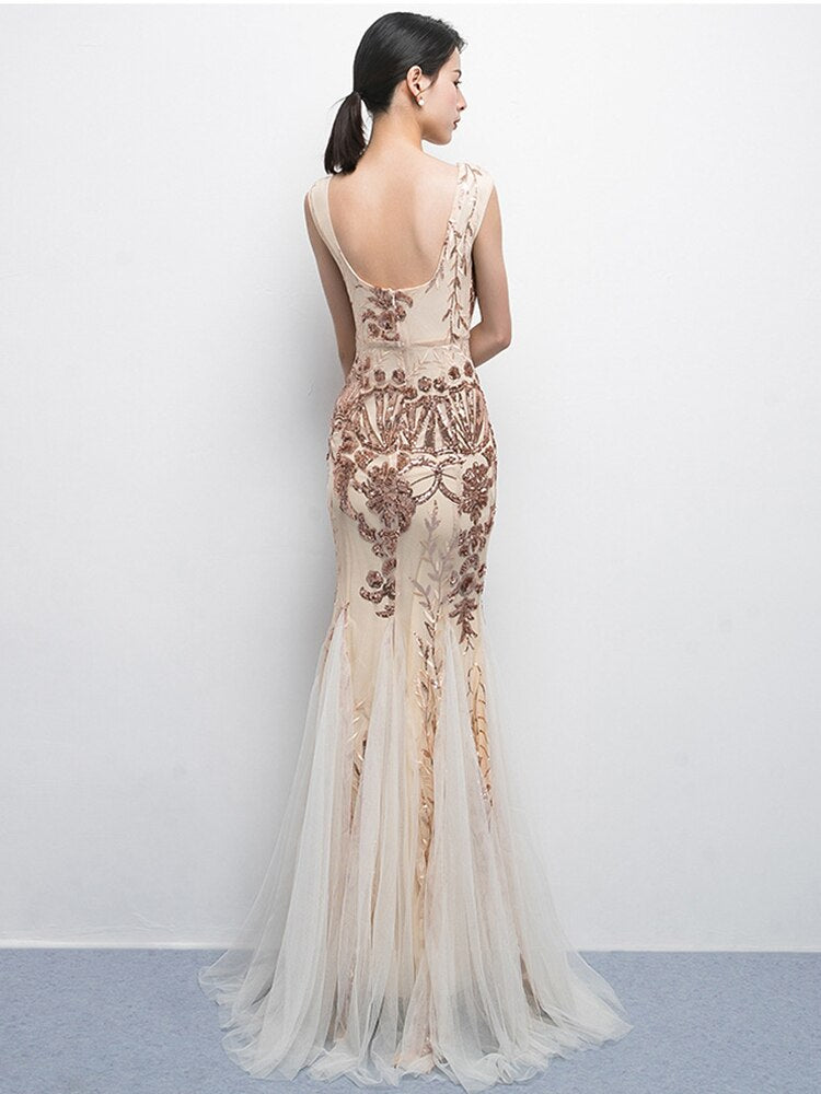 Champagne Gold Sequins Embroider Evening Dress Elegant Mermaid Tulle Formal V Neck Sleeveless Prom Gowns