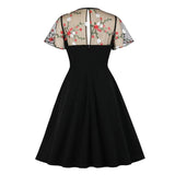 Short Sleeve Contrast Mesh Elegant Women Floral Embroidery Swing Tie Neck Pocket Side Summer Vintage Dress