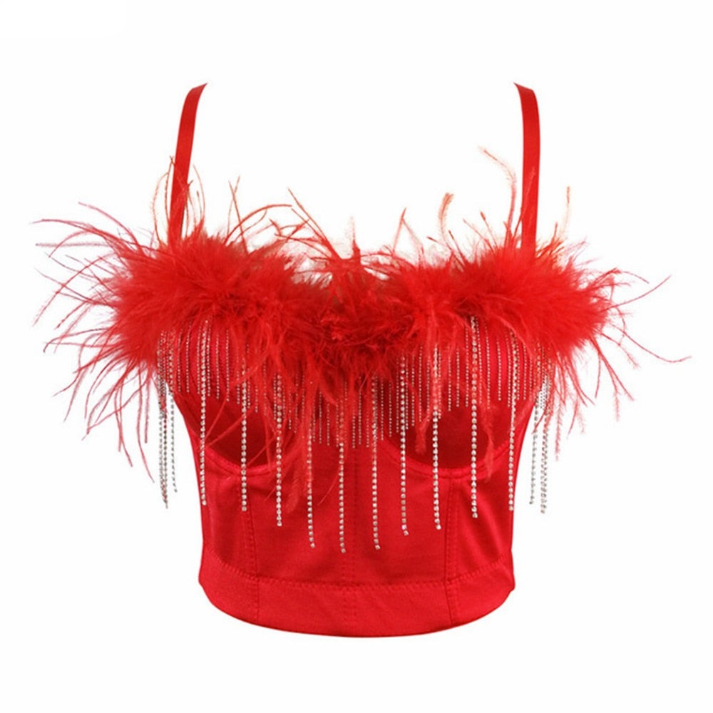 Autumn Feather Rhinestones Women Corset Camis Cropped Sexy Party Push Up Bustier Crop Top With Cups To Wear Out