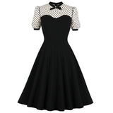 Retro Vintage A-Line Pinup Women Flare Swing Dress Puff Sleeve Black French Office Slim Fit Casual Mini Vestidos Mujer Clothes