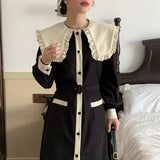 Frill Edge Peter Pan Collar Contrast Trim Long Sleeve Dress Elegant Vintage Corduroy Midi Dress With Belt