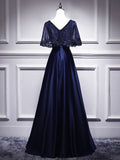 Lace Ruffled Cape Cap Sleeve A-line Satin Embroidered Beads V-neck Elegant Formal Dress