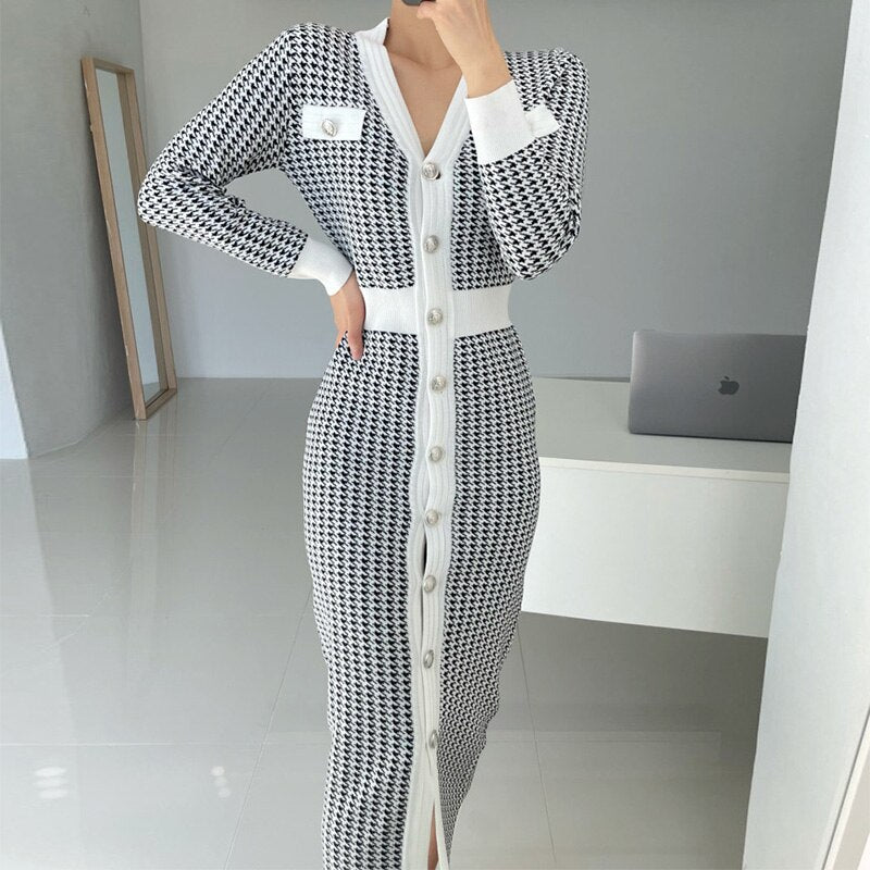 Long Sleeve Knitted Winter Elegant Office Lady V Neck Button Up Houndstooth Midi Bodycon Dress