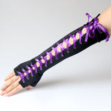 Elbow Length Fingerless Satin Ribbon Lace Up Arm Warmer Black Punk Gothic Gloves Halloween Party Long Gloves