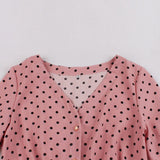 Pink Black Polka Dot 3/4 Sleeve V Neck Robe Pin Up High Waist Button Up Party Casual Dress