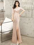 Sexy Side Split Shinning Sequins Evening Dress Half-Sleeve V-Neck Formal Prom Gowns Floor-Length Dress
