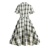 British Women Green Plaid Rockabilly Vintage Dress Plaid Print Notched Collar Buttons Elegant Belted A Line Retro Ladies Dresses