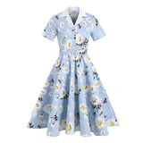 2021 Notched Collar Daisy Elegant Women 1950s Vintage Belted Midi Dress Short Sleeve Button Front Ladies Floral Swing Dresses