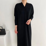 V Neck Long Sleeve Solid Cozy Casual Knitted Dress Autumn Winter Midi Dress Elegant Loose Dress