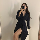 Elegant Office Lady Slit Sexy Midi Dress V Neck Collared Long Sleeve Waist Belted Shirt Dress
