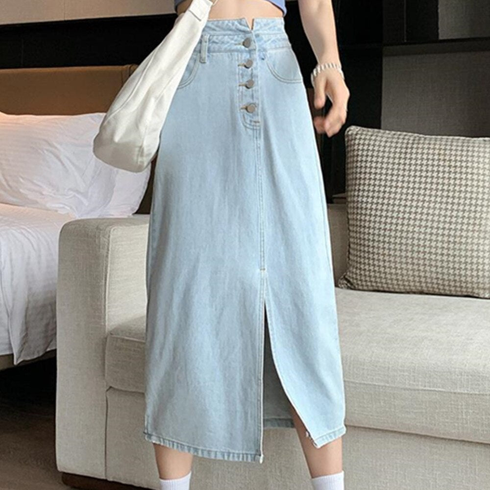 Jeans Long Women High Waist Party Solid Denim Midi Skirt Streetwear Ladies Skirt