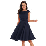 Elegant Bow High Waist Vintage Summer Swing Cap Sleeve 50s Style Casual Solid Midi Dress