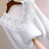 Women Long Sleeve V-Neck fuzzy beaded Sweet Lace Patchwork Sweater And Pullovers Warm