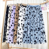 Mid Calf Long Floral Flocking Tulle Women Elastic High Waist Mesh A line Midi Skirt