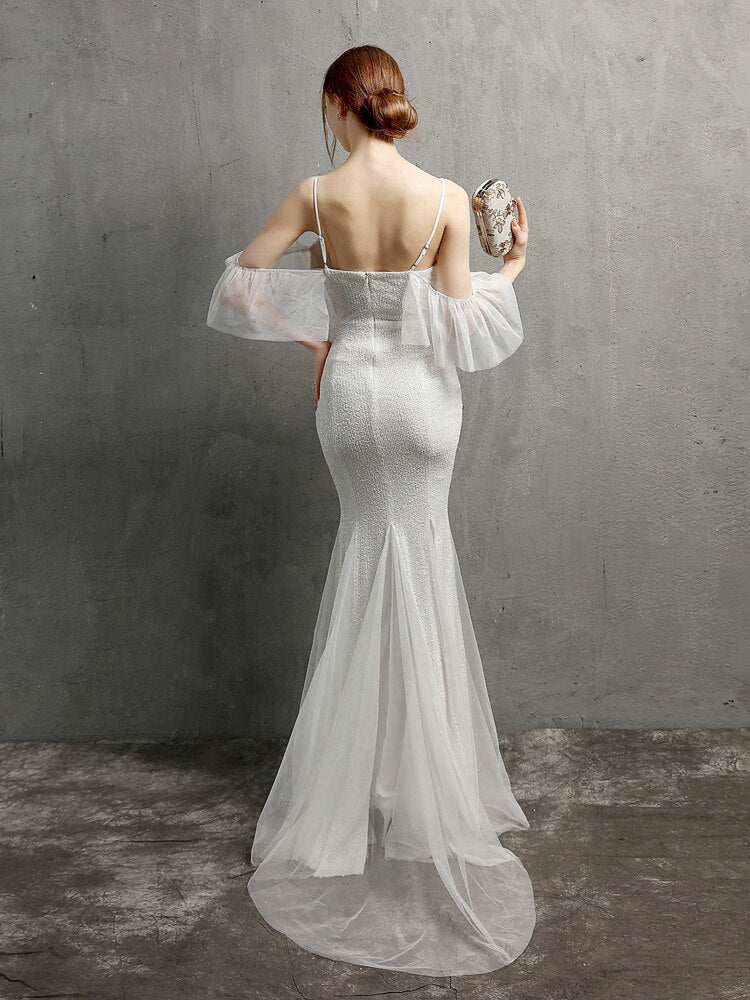 Women White Color Sexy V Neck Spaghetti Straps Sequin Evening Dress Elegant Off Shoulder Party Dress
