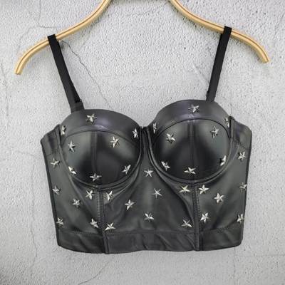 PU Leather Star Decor Sexy Black Beading Crop Top Women Solid Camis Tops With Built In Bra Push Up Bustier Corset