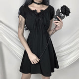 Black Off Shoulder Mini Dress Gothic Bandage High Waist Pleated Vestidos Harajuku Casual Short Sleeve Lace Up Punk Skater