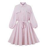 1950s Elegant Pink Striped Long Sleeve Drawstring Button Shirt Blouse Casual Dress